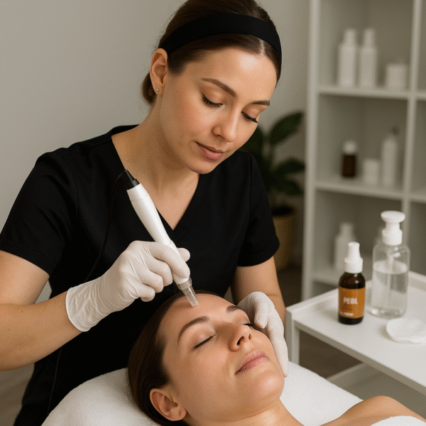 Microneedling och kemisk peeling utbildning online – hudterapeut utför behandling i salong.